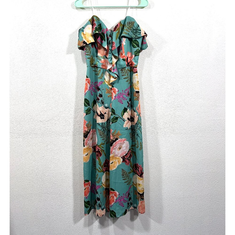 Amanda Uprichard Mint Green Floral strapless jumpsuit with ruffles size L